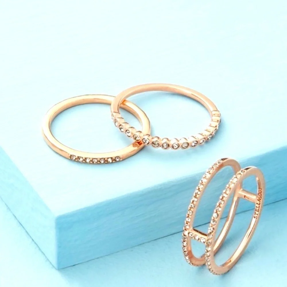 Stella & Dot | ROSEGOLD & Pavé Crystal Set of 3 Imperial Stacking Rings - Picture 3 of 8